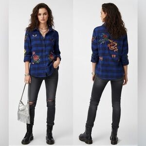 DAMATI Artisan Embroidered Snake Plaid Shacket • Edgy Boho Statement Piece Small